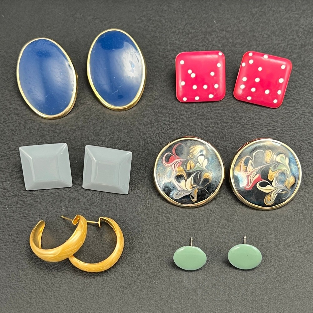Vintage Enamel Earrings Lot 6 Pair Marbled Blue Gray Green Pink 80s 90s
